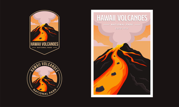 Set of Hawaii Volcanoes National Park graphic illustration badge poster vector