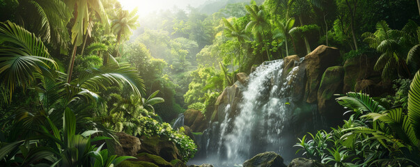Tropical background with a vibrant green rainforest and cascading waterfall: Lush and serene, ideal for a jungle retreat