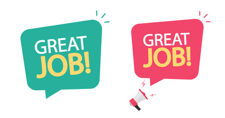 Great job icon vector graphic illustration set flat cartoon image clipart, promotion sticker with megaphone loudspeaker good work done red green color