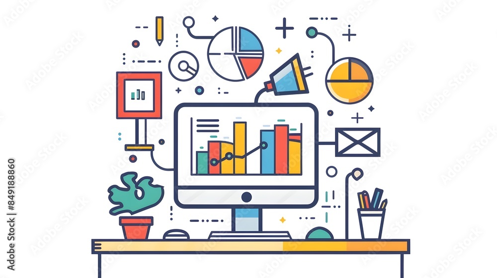 Aufkleber organized workspace with data analytics tools and infographics