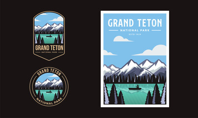 Set of Grand Teton National Park graphic illustration badge poster vector