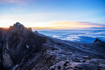 Mount Kinabalu peak with light of sunrise on Mount   trip travel, hiking in Kinabalu national park....