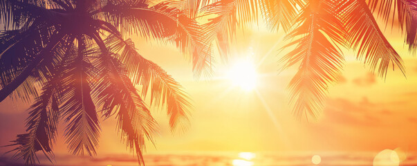 Tropical background with swaying palm trees and a golden sunset: Idyllic and serene, perfect for a beach paradise
