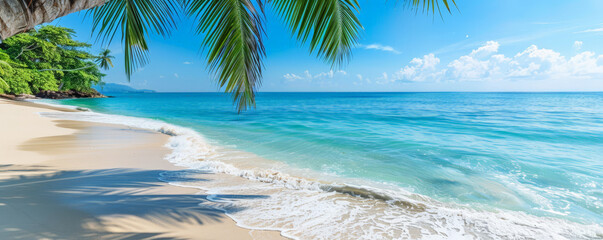 Tropical background with serene blue waters and white sandy beaches: Idyllic and refreshing, perfect for a beachside retreat