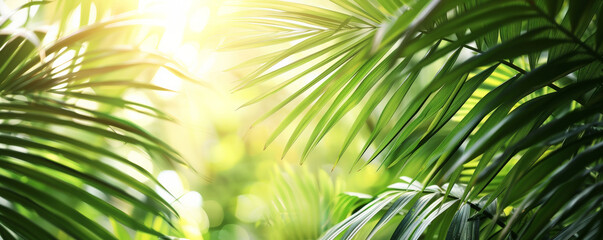 Obraz premium Tropical background with vibrant green palm leaves and soft sunlight filtering through: Lush and vibrant, perfect for a relaxing and exotic feel