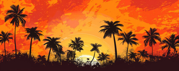 Tropical sunset background with silhouettes of palm trees against a fiery orange sky: Dramatic and picturesque, perfect for a sunset paradise