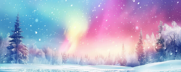 Vibrant winter background with colorful Northern Lights, snow-covered landscape, and clear skies.