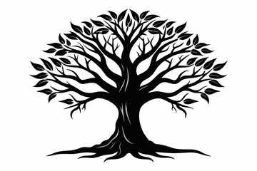 Simple Baniyan Silhouette Black on White Background,tree, silhouette, branch, nature, leaf, vector, plant, illustration, design, season, spring, root, forest, 