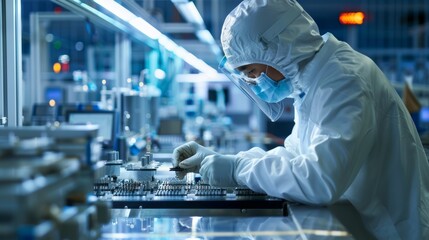 Photograph of semiconductor production being controlled by engineers inside the factory.
