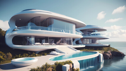 huge modern futuristic coastal estate with fashionmodell