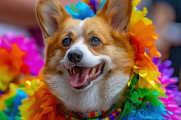 Cute corgi dog wearing colorful rainbow lei at parade festival, showcasing joy, happiness, and celebration in a vibrant outdoor setting.