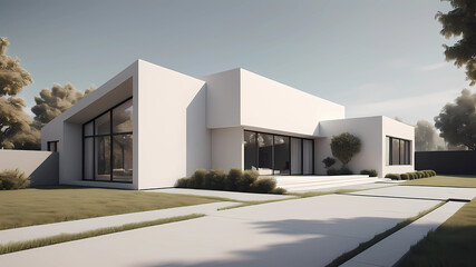Generate a highly realistic image of a CONTEMPORARY AND MINIMALIST STYLE HOUSE, in a VERY minimalist style WITH NO FURNITURE INSIDE, featuring minimalist design, with a diagonal perspective, three-qua