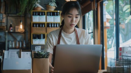 Obraz premium Small Business Entrepreneur Startup SME of an independent Asian woman wearing an apron using a laptop and boxes to receive and monitor online orders in order to prepare packs to sell to customers. 