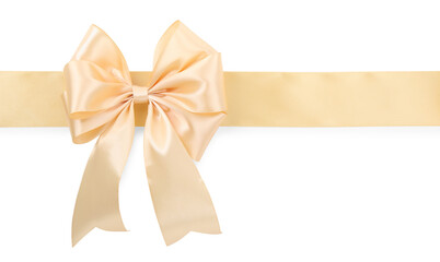 Beige satin ribbon with bow isolated on white, top view