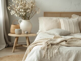 AI-generated illustration of a cozy bedroom with neutral tones, featuring a bed with soft pillows