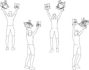 Vector illustration sketch design drawing of the winner in the competition receiving a trophy and flower wreath