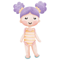 Cute illustration of a girl with purple hair, wearing a striped swimsuit and smiling. Perfect for children's content and design.