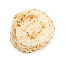 Many tasty homemade tortillas isolated on white, top view