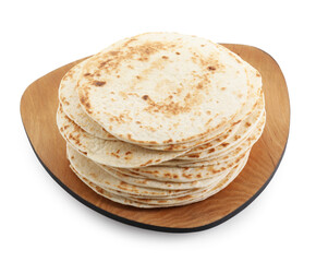 Many tasty homemade tortillas isolated on white
