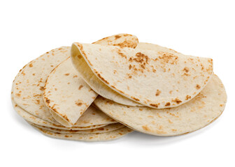 Many tasty homemade tortillas isolated on white