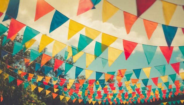 Colorful Triangle Flags Decorate Outdoor Party with Vintage Charm