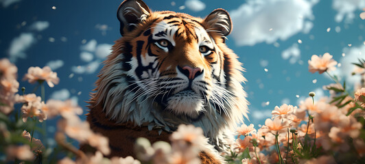 tiger chases deerin the prairie white flowers dotted,clean blue sky background, ai generative