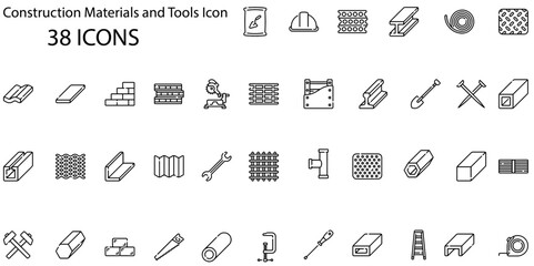 set of 38 outline web construction materials and tool icons such as plank, chisel, concrete, glove, crossed hammers, caliper, steel, helmet vector thin line icons for web design, mobile app.
