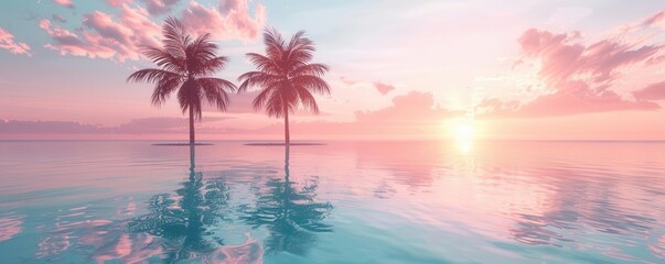 Tranquil tropical sunset scene with pink skies, calm waters, and palm trees, perfect for relaxation and escape from daily life.
