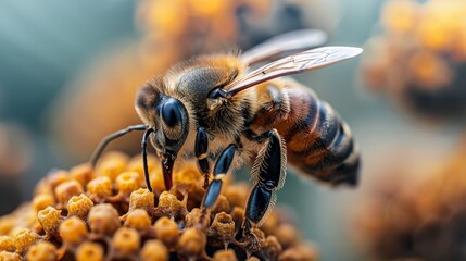 Detailed macro of a honey bee with translucent wings collecting nectar on a flower with a blurred background