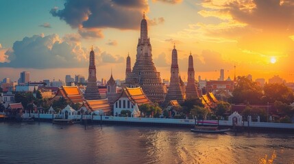 Fototapeta premium Photograph of Wat Arun at sunset in Bangkok, Thailand.