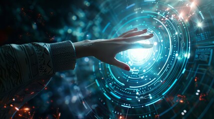 Photo of woman's hand touching the metaverse universe. Digital transformation concept for the next technology era.