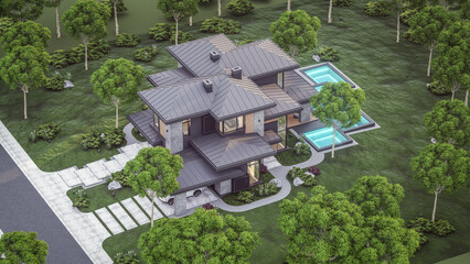 3d rendering of modern two story house with gray and wood accents, large windows, parking space in the right side of the building. Clear summer evening with cozy light from window