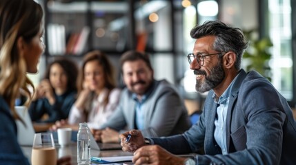A group of business partners discussing their new venture in a conference room