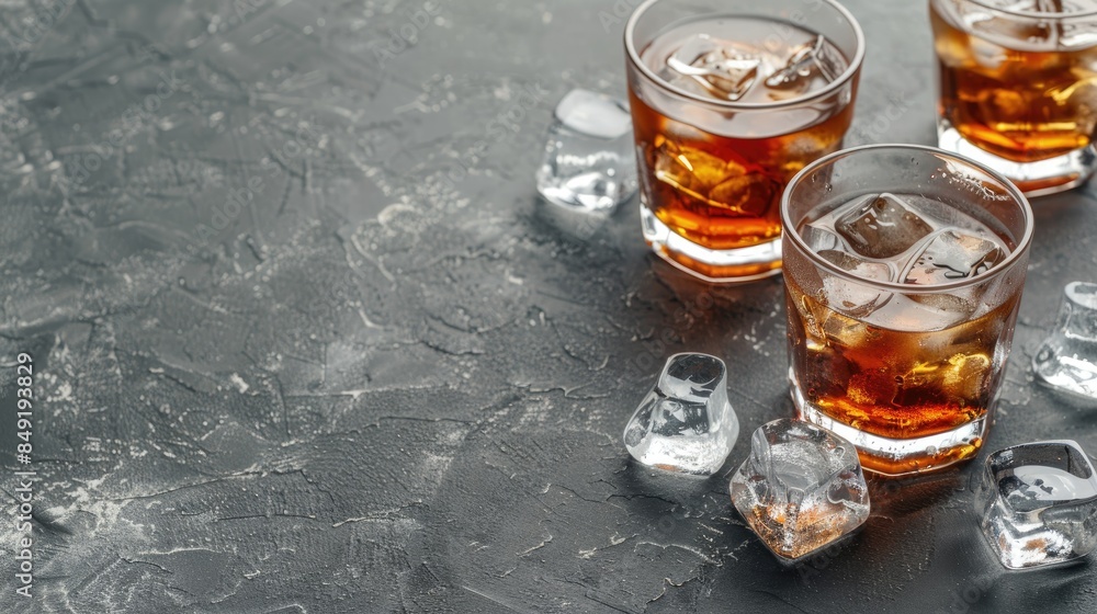 Poster Whiskey and ice in glasses on textured grey surface close up Room for text