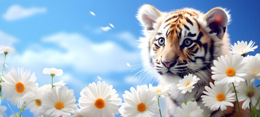tiger chases deerin the prairie white flowers dotted,clean blue sky background, ai generative
