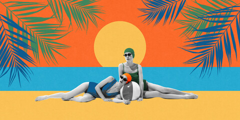 Monochrome women in colorful vintage style swimsuit and caps resting on beach by sea with palms and...