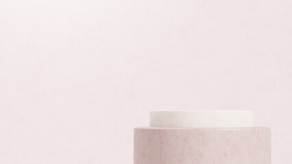 Background featuring an empty product display mockup with a pink backdrop and abstract geometric platforms designed for showcasing merchandise in landscape orientation.