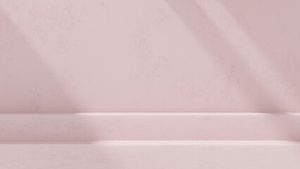 Background featuring an empty product display mockup with a pink backdrop and abstract geometric platforms designed for showcasing merchandise in landscape orientation.