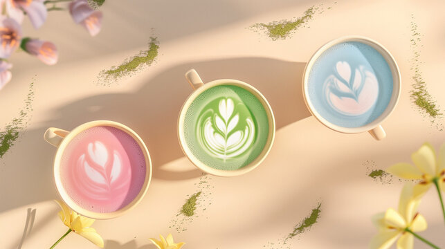 Blue, pink and green matcha latte on the beige table with blurred spring flowers on the background. 