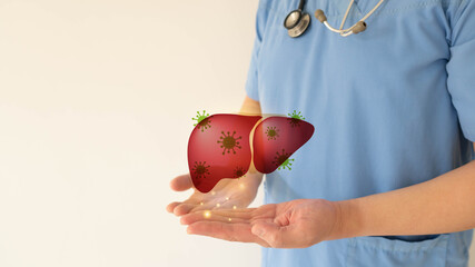 World hepatitis day concept. Doctor hands holding liver with viral infection symbol. Awareness of...