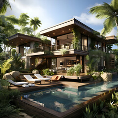 Fototapeta premium 3d rendering of modern cozy house with pool and parking for sale or rent. Luxury house in the garden.