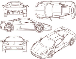 Vector illustration sketch detailed design drawing of exclusive European model sports racing car for the Crazy Rich collection
