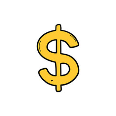 Hand drawn cartoon dollar symbol in gold color on white background.