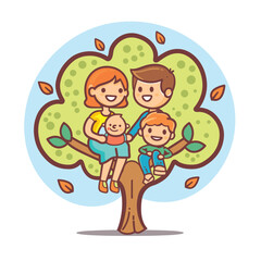 Cartoon family tree climbing illustration. Happy family four playing tree cartoon. Cartoon kids parents enjoying nature illustration