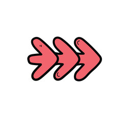 Hand drawn cartoon icon of red three arrows on a white background.