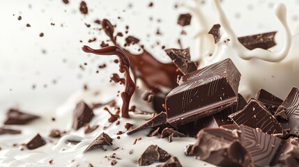 Fototapeta premium A chocolate splashing with chocolate bits of information suspended in milk. World Chocolate Day, Generative AI.