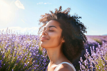 A young woman enjoys the lavender field under the sunlight