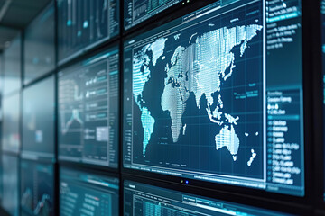 International wire transfer processing: Screens showing global money transfer systems and currency conversion rates.