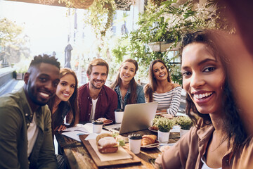 Reunion, friends and selfie at restaurant for portrait, happiness and memory in Paris. Smile, adventure and people at coffee shop for travel, photography and social media update or celebration