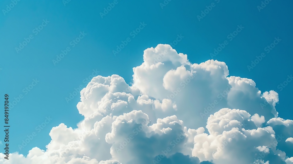 Poster Fluffy white clouds against a bright blue sky.